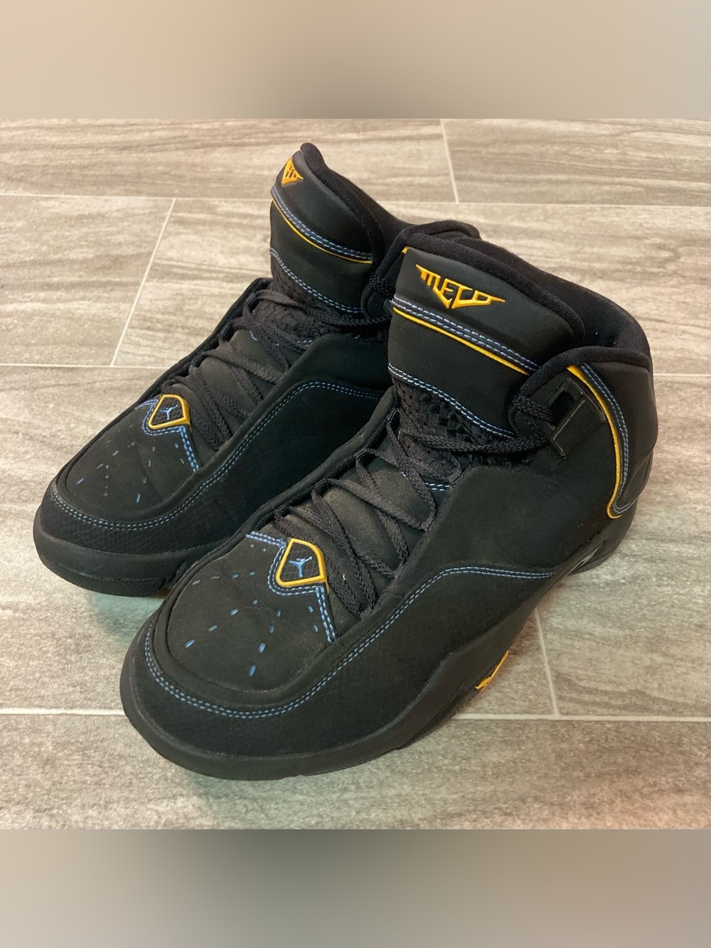 Air Jordan MELO M4 Basketball Sneakers Shoes Black Blue Gold 2007 Size 8